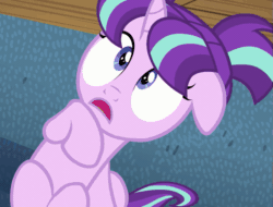 Size: 641x486 | Tagged: safe, screencap, starlight glimmer, pony, unicorn, g4, season 5, the cutie re-mark, animated, cropped, ears back, female, filly, filly starlight glimmer, gif, implied sunburst, magic, magic aura, offscreen character, pigtails, ribbon, scared, solo, younger