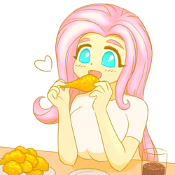 Size: 2508x2508 | Tagged: safe, artist:sigpi, fluttershy, equestria girls, adorasexy, big breasts, breast rest, breasts, busty fluttershy, chicken meat, clothes, cute, digital art, drumstick, eating, female, food, fried chicken, meat, no pupils, sexy, shyabetes, smiling, solo
