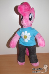 Size: 2621x3893 | Tagged: safe, artist:allunacraft, pinkie pie, earth pony, pony, g4, anthro plushie, bipedal, clothes, high res, irl, pants, photo, plushie, shirt, solo