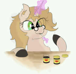 Size: 1062x1027 | Tagged: safe, artist:poniesmine, oc, oc only, oc:embroidered equations, pony, unicorn, chest fluff, colored hooves, cute, desk, female, glasses, halfbody, magic, mare, spoon, vegemite