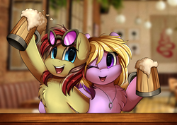 Size: 3524x2500 | Tagged: safe, artist:pridark, oc, oc only, pony, alcohol, bar, commission, digital art, drink, duo, high res, hoof hold, mug, one eye closed, open mouth, smiling, sunglasses
