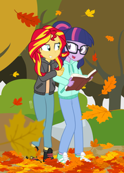 Size: 900x1250 | Tagged: safe, artist:dm29, sci-twi, sunset shimmer, twilight sparkle, equestria girls, g4, autumn, book, commission, cute, duo, falling leaves, female, leaves, patreon commission, shimmerbetes, tree, twiabetes