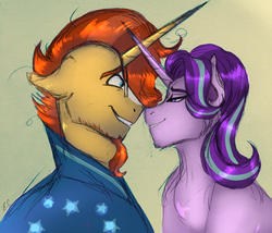Size: 2447x2094 | Tagged: safe, artist:anxiousshadowpetals, starlight glimmer, sunburst, pony, unicorn, g4, crossed horns, female, grin, high res, horn, horns are touching, looking at each other, male, ship:starburst, shipping, smiling, straight