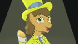 Size: 1920x1080 | Tagged: safe, screencap, cheese sandwich, earth pony, pony, g4, the last laugh, clothes, hat, male, solo, stallion, suit, top hat