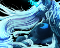 Size: 4293x3451 | Tagged: safe, artist:thewickedvix, princess luna, pony, g4, alternate hair color, alternate hairstyle, butt, fangs, female, high res, plot, prone, solo