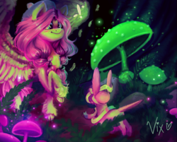 Size: 4293x3451 | Tagged: dead source, safe, artist:thewickedvix, fluttershy, eevee, pony, g4, cloven hooves, exclamation point, female, high res, mushroom, pokemon shield, pokémon, solo