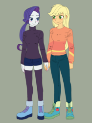 Size: 2448x3264 | Tagged: safe, artist:haibaratomoe, applejack, rarity, equestria girls, equestria girls specials, g4, my little pony equestria girls: better together, my little pony equestria girls: holidays unwrapped, blushing, duo, female, green background, high res, holding hands, lesbian, ship:rarijack, shipping, simple background