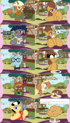 Size: 2300x4010 | Tagged: safe, artist:ladyanidraws, button mash, mr. waddle, trenderhoof, oc, oc:cream heart, oc:marigold, earth pony, fly, insect, pegasus, pony, unicorn, ask pun, g4, ask, bubble wand, comic, corn, food, muffin, speed dating, tumblr, x eyes