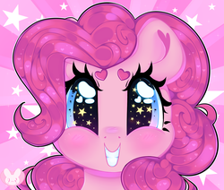 Size: 4713x4000 | Tagged: safe, artist:bunxl, pinkie pie, pony, g4, the ticket master, absurd resolution, beanbrows, blushing, bust, cute, diapinkes, eyebrows, female, heart, heart eyes, looking at you, mare, portrait, scene interpretation, solo, starry eyes, stars, sunburst background, wingding eyes