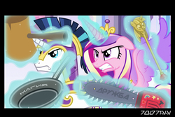 Size: 1288x858 | Tagged: safe, edit, edited screencap, editor:teren rogriss, screencap, princess cadance, shining armor, alicorn, pony, unicorn, g4, the beginning of the end, chainsaw, crystal empire, cyrillic, frying pan, gritted teeth, magic, mallet, russian, scepter, telekinesis, this will end in pain, translated in the description, twilight scepter