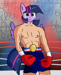 Size: 1960x2398 | Tagged: safe, artist:artiks, twilight sparkle, alicorn, anthro, g4, bipedal, boxing, boxing gloves, boxing shorts, championship belt, looking at you, male, not salmon, rocky balboa, solo, sports, thanks i hate it, twilight sparkle (alicorn), wat, why