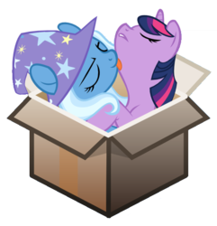 Size: 544x564 | Tagged: safe, artist:blackfeathr, artist:misteraibo, trixie, twilight sparkle, pony, unicorn, g4, behaving like a cat, box, cropped, female, lesbian, licking, pony in a box, ship:twixie, shipping, simple background, tongue out, transparent background, unicorn twilight, vector