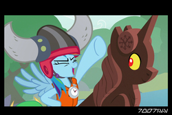 Size: 1288x858 | Tagged: safe, edit, edited screencap, editor:teren rogriss, screencap, discord, rainbow dash, pegasus, pony, g4, non-compete clause, boat, bow, canoe, chaos star, comic, evil smile, eyes closed, helmet, horned helmet, lifejacket, open mouth, screencap comic, smiling, stopwatch, this will end in property damage
