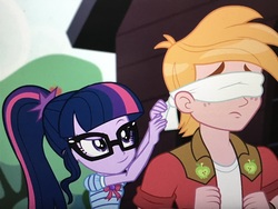 Size: 4032x3024 | Tagged: safe, screencap, big macintosh, sci-twi, twilight sparkle, equestria girls, equestria girls series, g4, holidays unwrapped, the cider louse fools, spoiler:eqg series (season 2), blindfold, bowtie, female, geode of telekinesis, glasses, magical geodes, male, ponytail
