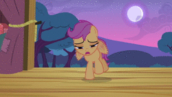 Size: 1280x720 | Tagged: safe, screencap, scootaloo, pegasus, pony, flight to the finish, g4, animated, cloud, curtains, falling, female, filly, hill, moon, rope, scootaloo can't fly, sky, solo, sound, stage, sunset, tree, webm, wings
