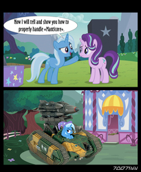 Size: 640x781 | Tagged: safe, edit, edited screencap, editor:teren rogriss, screencap, starlight glimmer, trixie, pony, unicorn, g4, no second prances, clothes, comic, deathstrike missile launcher, hat, military vehicle, missile launcher, ponyville, screencap comic, trixie's hat, vehicle, warhammer (game), warhammer 40k