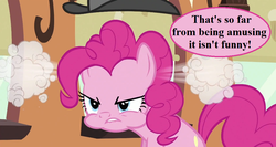 Size: 993x530 | Tagged: safe, edit, edited screencap, editor:korora, screencap, pinkie pie, earth pony, pony, g4, mmmystery on the friendship express, angry, cropped, dude not funny (reaction image), female, hat, high-pressure emotion, pinkie pie is not amused, pun, reaction image, solo, speech, speech bubble, steam, train, unamused