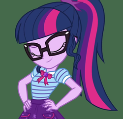 Size: 1114x1080 | Tagged: safe, screencap, sci-twi, twilight sparkle, equestria girls, equestria girls series, g4, holidays unwrapped, the cider louse fools, spoiler:eqg series (season 2), bowtie, clothes, cropped, cute, cutie mark on clothes, eyebrows, eyes closed, female, geode of telekinesis, glasses, hand on hip, jewelry, magical geodes, pendant, polo shirt, ponytail, pose, raised eyebrow, skirt, smiling, solo, twiabetes