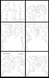 Size: 707x1131 | Tagged: safe, artist:chedx, oc, oc only, oc:fast hooves, oc:home defence, oc:king speedy hooves, clydesdale, pony, comic:the fusion flashback, blushing, butt, comic, commissioner:bigonionbean, confused, confusion, dialogue, flank, fusion, fusion:big macintosh, fusion:flash sentry, fusion:shining armor, fusion:trouble shoes, large butt, magic, panicking, parent:big macintosh, parent:shining armor, plot, potion, sketch, sketch dump, spread wings, swelling, the ass was fat, writer:bigonionbean