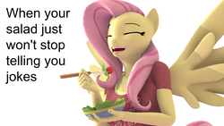 Size: 3840x2160 | Tagged: source needed, safe, artist:anthroponiessfm, fluttershy, pegasus, anthro, g4, 3d, bowl, clothes, eyes closed, female, food, fork, herbivore, high res, laughing, meme, ponies laughing with fruit salad, salad, shirt, smiling, solo, source filmmaker, spread wings, stock image, wat, wings