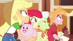 Size: 1920x1080 | Tagged: safe, screencap, apple bloom, applejack, big macintosh, granny smith, bird, chicken, pig, equestria girls, equestria girls series, g4, holidays unwrapped, the cider louse fools, spoiler:eqg series (season 2), animal, apple family, apple siblings, apple sisters, applejack's hat, barn, belt, brother and sister, clothes, cowboy hat, denim skirt, ear piercing, earring, female, freckles, hat, jewelry, male, piercing, rooster, siblings, sisters, skirt, stetson