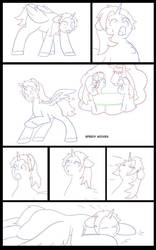 Size: 707x1131 | Tagged: safe, artist:chedx, oc, oc:king speedy hooves, alicorn, clydesdale, earth pony, pegasus, pony, unicorn, comic:the fusion flashback, alicorn oc, comic, commissioner:bigonionbean, confused, confusion, dialogue, exhausted, fusion, fusion:big macintosh, fusion:flash sentry, fusion:shining armor, fusion:trouble shoes, horn, magic, panicking, passed out, potion, shocked, sketch, sketch dump, spread wings, sweat, sweating profusely, writer:bigonionbean