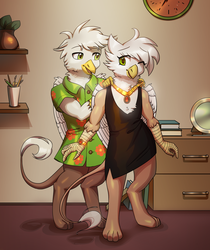 Size: 2480x2952 | Tagged: safe, artist:klooda, oc, oc:mizzy, oc:rené de artois, griffon, clothes, colored, couple, detailed, dress, duo, female, flat colors, griffon oc, high res, interior, jewelry, lineart, male, necklace, one eye closed, smiling, soft color, standing, wink