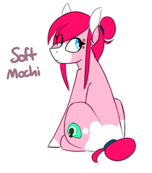 Size: 583x661 | Tagged: safe, artist:redxbacon, oc, oc only, oc:soft mochi, earth pony, pony, cutie mark, hair bun, looking at you, solo, text, transgender