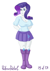 Size: 800x1131 | Tagged: safe, artist:professordoctorc, rarity, series:r is for rarity, equestria girls, g4, bedroom eyes, big breasts, boots, breasts, busty rarity, cleavage, clothes, female, miniskirt, pleated skirt, shoes, simple background, skirt, solo, white background