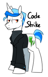 Size: 432x690 | Tagged: safe, artist:redxbacon, oc, oc only, oc:code strike, pony, unicorn, blazer, clothes, jacket, male, solo