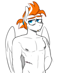 Size: 479x549 | Tagged: safe, artist:redxbacon, oc, oc only, oc:clear solution, pegasus, anthro, abs, adonis belt, clothes, grey nipples, male, nipples, nudity, partial nudity, scar, solo, topless