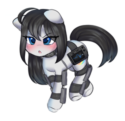 Size: 1668x1612 | Tagged: safe, artist:stablegrass, oc, oc:milly, pony, angry, blushing, exosuit, female, grumpy, heart monitor, looking at you, mare, neck brace, simple background, straps, upset, walking