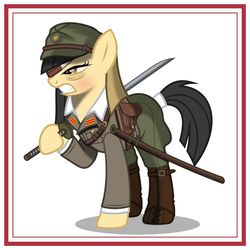 Size: 1024x1024 | Tagged: safe, artist:brony-works, earth pony, pony, bandage, blood, clothes, eyepatch, female, imperial japan, imperial japanese army, katana, mare, simple background, solo, sword, uniform, weapon, white background, world war ii