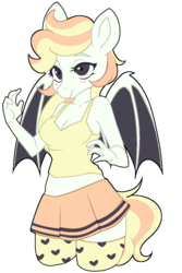 Size: 737x1102 | Tagged: safe, artist:tiacakess, oc, oc only, oc:creme puff, bat pony, anthro, blushing, clothes, cute, female, mare, miniskirt, pleated skirt, shirt, simple background, skirt, solo, stockings, thigh highs, transparent background, zettai ryouiki