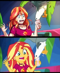 Size: 2051x2469 | Tagged: safe, artist:traupa, sunset shimmer, bird, human, seagull, equestria girls, g4, i'm on a yacht, my little pony equestria girls: better together, clothes, comparison, drink, glass, high res, human coloration, open mouth, scene interpretation, screencap reference