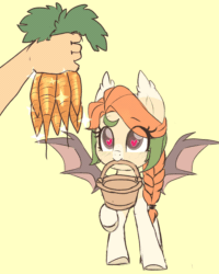Size: 880x1100 | Tagged: safe, artist:php172, oc, oc only, oc:autumn harvest, bat pony, human, pony, animated, basket, bat pony oc, braid, carrot, colored pupils, cute, ear tufts, excited, eye shimmer, eyes on the prize, female, food, gif, hand, happy, heart eyes, herbivore, holding, horses doing horse things, mare, mouth hold, nom, ocbetes, offscreen character, offscreen human, raised hoof, simple background, smiling, solo focus, sparkles, spread wings, stomping, tan background, wingding eyes, wings, yellow background