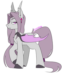 Size: 731x847 | Tagged: dead source, safe, artist:redxbacon, oc, oc only, bat pony, pony, bat pony oc, colored hooves, colored wings, ear fluff, ear piercing, ear tufts, earring, fangs, female, folded wings, jewelry, lidded eyes, looking at you, multicolored wings, piercing, pink eyes, ponytail, raised hoof, solo, standing, wings