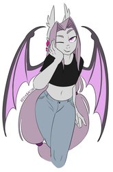 Size: 647x983 | Tagged: dead source, safe, artist:redxbacon, oc, oc only, bat pony, anthro, bat pony oc, belly button, clothes, colored wings, denim, ear fluff, ear piercing, ear tufts, earring, female, hand on face, jeans, jewelry, looking at you, midriff, multicolored wings, one eye closed, pants, piercing, pink eyes, ponytail, short shirt, solo, wings, wink