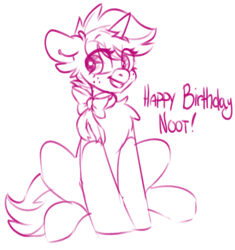 Size: 1636x1740 | Tagged: safe, artist:spoopygander, oc, oc only, oc:nootaz, pony, unicorn, birthday, birthday gift, bow, chest fluff, ear fluff, female, freckles, happy, horn, mare, markings, smiling, solo, text