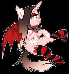 Size: 941x1013 | Tagged: safe, artist:cindystarlight, oc, oc only, oc:cindy, alicorn, bat pony, bat pony alicorn, pony, black background, clothes, female, horn, mare, race swap, simple background, socks, solo, striped socks