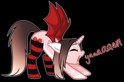 Size: 1280x844 | Tagged: safe, artist:cindystarlight, oc, oc only, oc:cindy, alicorn, bat pony, bat pony alicorn, pony, black background, clothes, female, horn, mare, race swap, simple background, socks, solo, striped socks, yawn