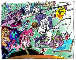 Size: 1280x1008 | Tagged: safe, artist:grotezco, applejack, fluttershy, pinkie pie, princess celestia, rainbow dash, rarity, spike, twilight sparkle, alicorn, dragon, earth pony, pegasus, pony, unicorn, g4, assault, axe, battle axe, black friday, bomb, brass knuckles, charge, determined, dust cloud, evil smile, female, fishing rod, flying, gem, green background, grin, hammer, lance, mace, male, mane seven, mane six, mare, missile, ponies riding dragons, red eyes, riding, shield, simple background, smiling, spear, sword, this will not end well, tongue out, twilight sparkle (alicorn), walmart, weapon