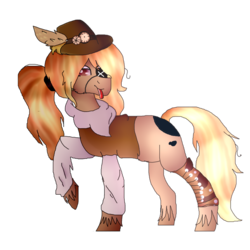 Size: 894x894 | Tagged: safe, artist:anvical, oc, oc only, oc:debonair, earth pony, pony, bandana, boot, clothes, eyepatch, feather, female, hat, mare, ponytail, raised hoof, shirt, simple background, solo, tongue out, top hat, transparent background, unshorn fetlocks, vest