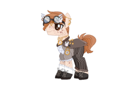 Size: 748x500 | Tagged: safe, artist:major-floof, oc, oc only, oc:steamwork clog, earth pony, pony, rabbit, animal, boots, clothes, coat, ear piercing, earring, freckles, goggles, jewelry, male, necklace, pants, piercing, shirt, shoes, simple background, socks, solo, stallion, stopwatch, transparent background, vest