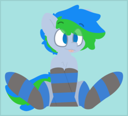 Size: 2625x2395 | Tagged: safe, artist:moonydusk, oc, oc only, oc:shoshinsha, pony, clothes, high res, male, simple background, sitting, socks, stallion, striped socks, tongue out