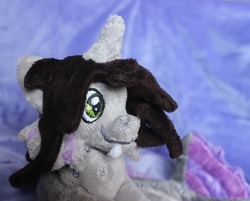 Size: 1280x1028 | Tagged: safe, artist:sonic-spatula, half-siren, hybrid, pony, beanie (plushie), commission, curved horn, fangs, fins, fish tail, happy, horn, irl, kellin quinn, male, photo, plushie, ponified, scales, sleeping with sirens, slit pupils, smiling