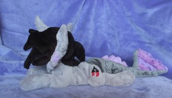 Size: 1280x732 | Tagged: safe, artist:sonic-spatula, half-siren, hybrid, pony, beanie (plushie), commission, curved horn, fangs, fins, fish tail, happy, horn, irl, kellin quinn, male, photo, plushie, ponified, scales, sleeping with sirens, slit pupils, smiling