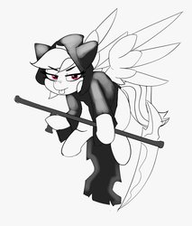 Size: 3297x3868 | Tagged: safe, artist:pabbley, rainbow dash, pegasus, pony, g4, female, grim reaper, high res, lidded eyes, looking at you, mare, monochrome, partial color, scythe, simple background, solo, spread wings, tongue out, white background, wings