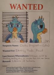 Size: 1194x1659 | Tagged: safe, artist:rapidsnap, gallus, ocellus, g4, disguise, disguised changeling, identity theft, mugshot, story in the comments, traditional art, wanted poster