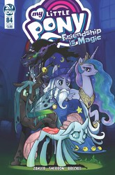 Size: 2063x3131 | Tagged: safe, artist:pencils, idw, king sombra, ocellus, princess celestia, queen chrysalis, star swirl the bearded, alicorn, changedling, changeling, changeling queen, pony, umbrum, unicorn, g4, spoiler:comic, spoiler:comic84, cover, female, high res, looking down